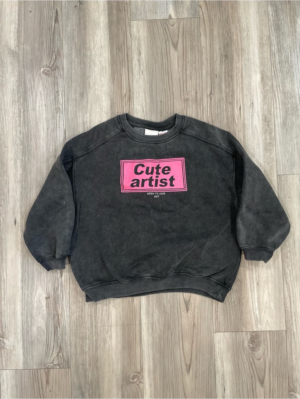 ZARE Cute Artist Washed Black Pullover Sweatshirt with Pink Logo
